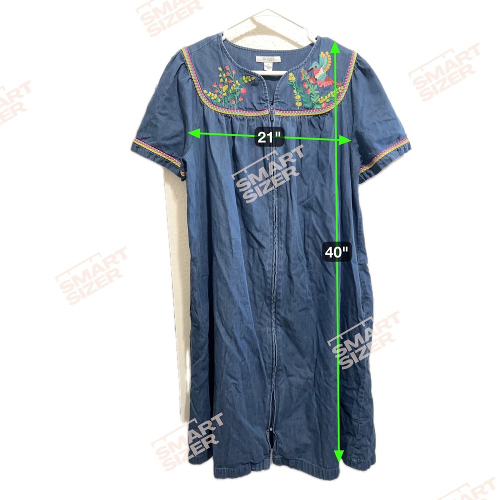 Go Softly Patio Denim Embroidered Floral Bird‎ Zip Front Dress Muu Muu Medium - Picture 2 of 4